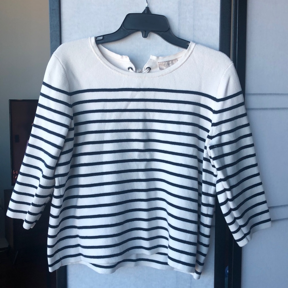 Navy and Cream Striped 3/4 Sleeve Sweater